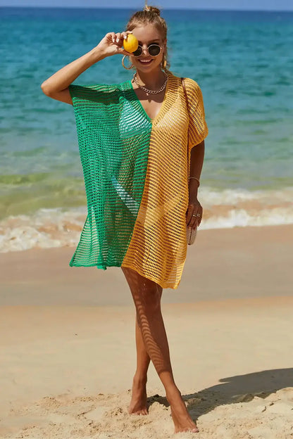 Angel Wings Openwork Two-tone Green and Yellow Mesh Knit Beach Cover-Up with Contrast Slit
