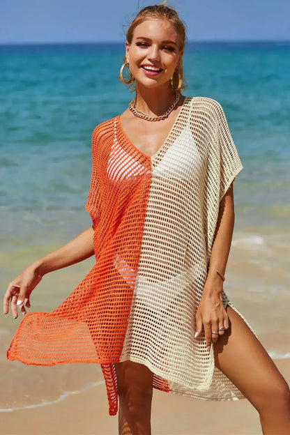 Two-tone orange and cream crochet knit cover-up with angel wings openwork contrast slit