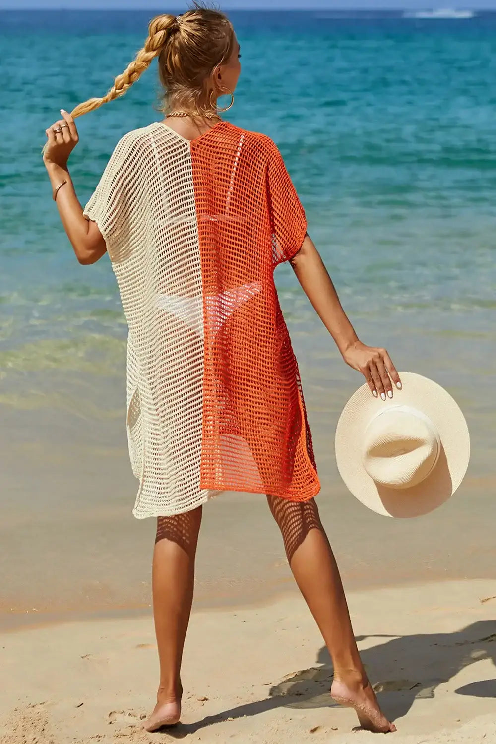 Angel Wings Openwork Two-Tone Knit Cover-Up Dress with Contrast Slit and Short Sleeves