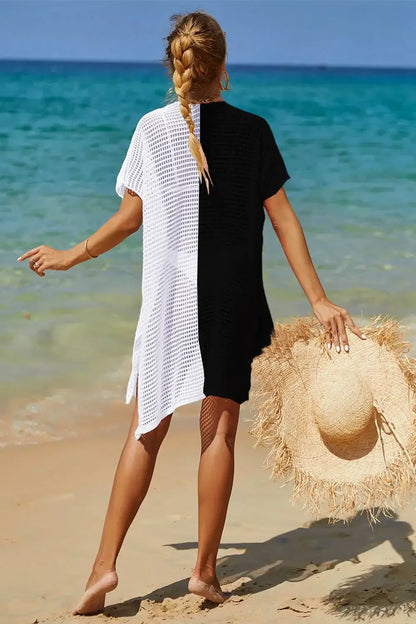 Angel Wings Openwork contrast knit beach cover-up with short sleeves and asymmetrical hem