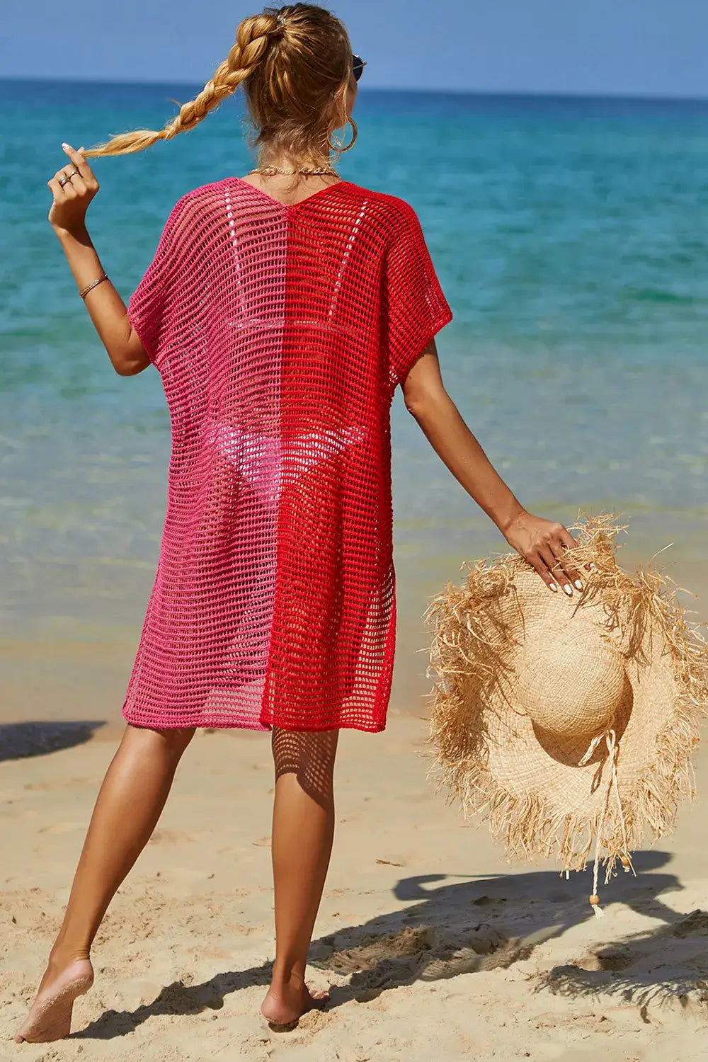 Angel Wings Openwork contrast slit knit cover-up dress in two-tone pink and red stripes
