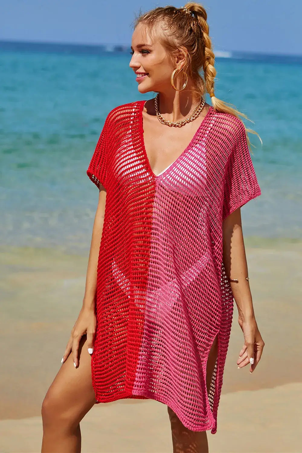 Angel Wings Openwork Crochet Cover Up in Two-tone Red and Pink with Openwork Contrast Slit