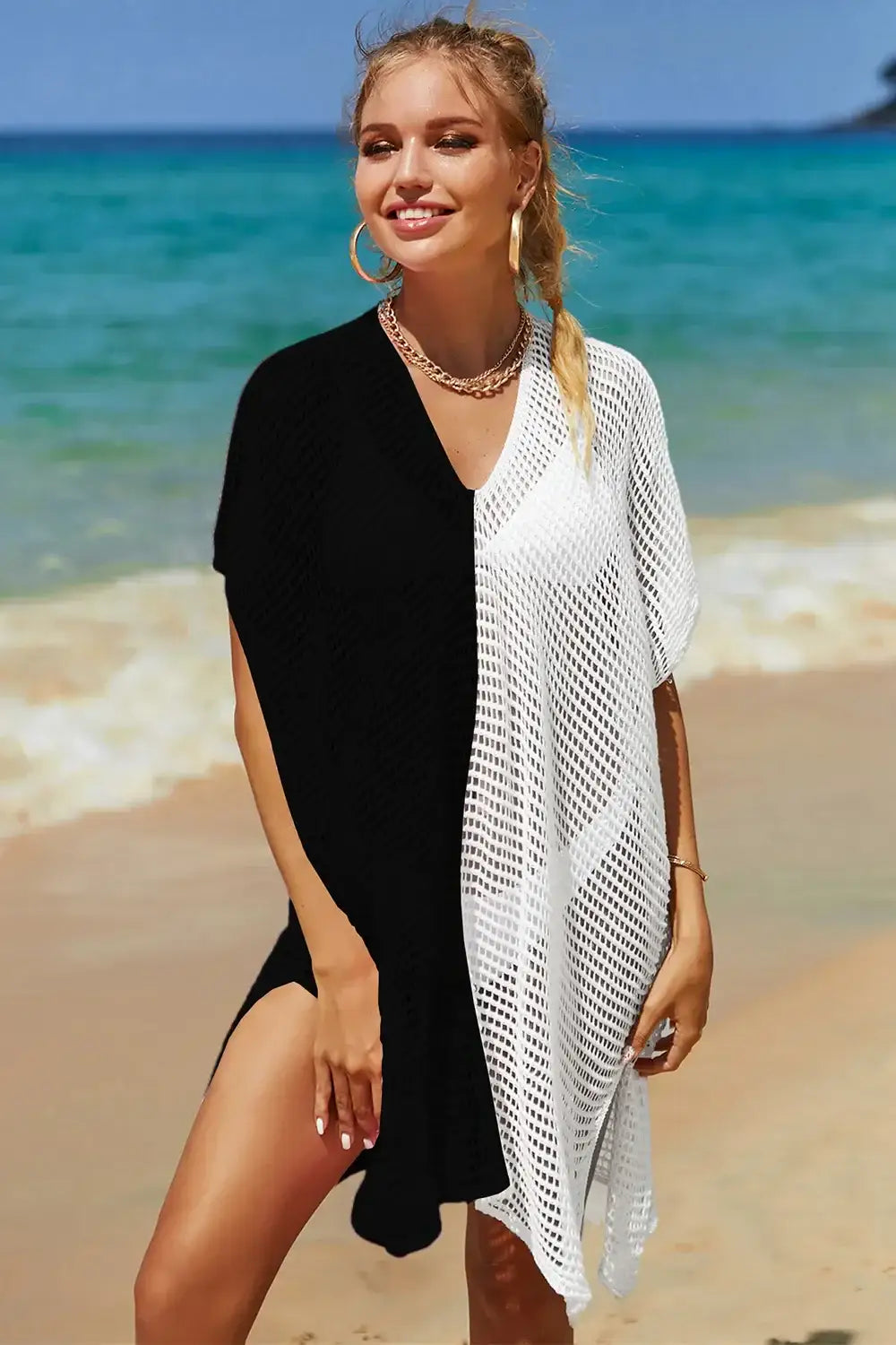 Black and white angel wings openwork contrast slit knit cover-up dress