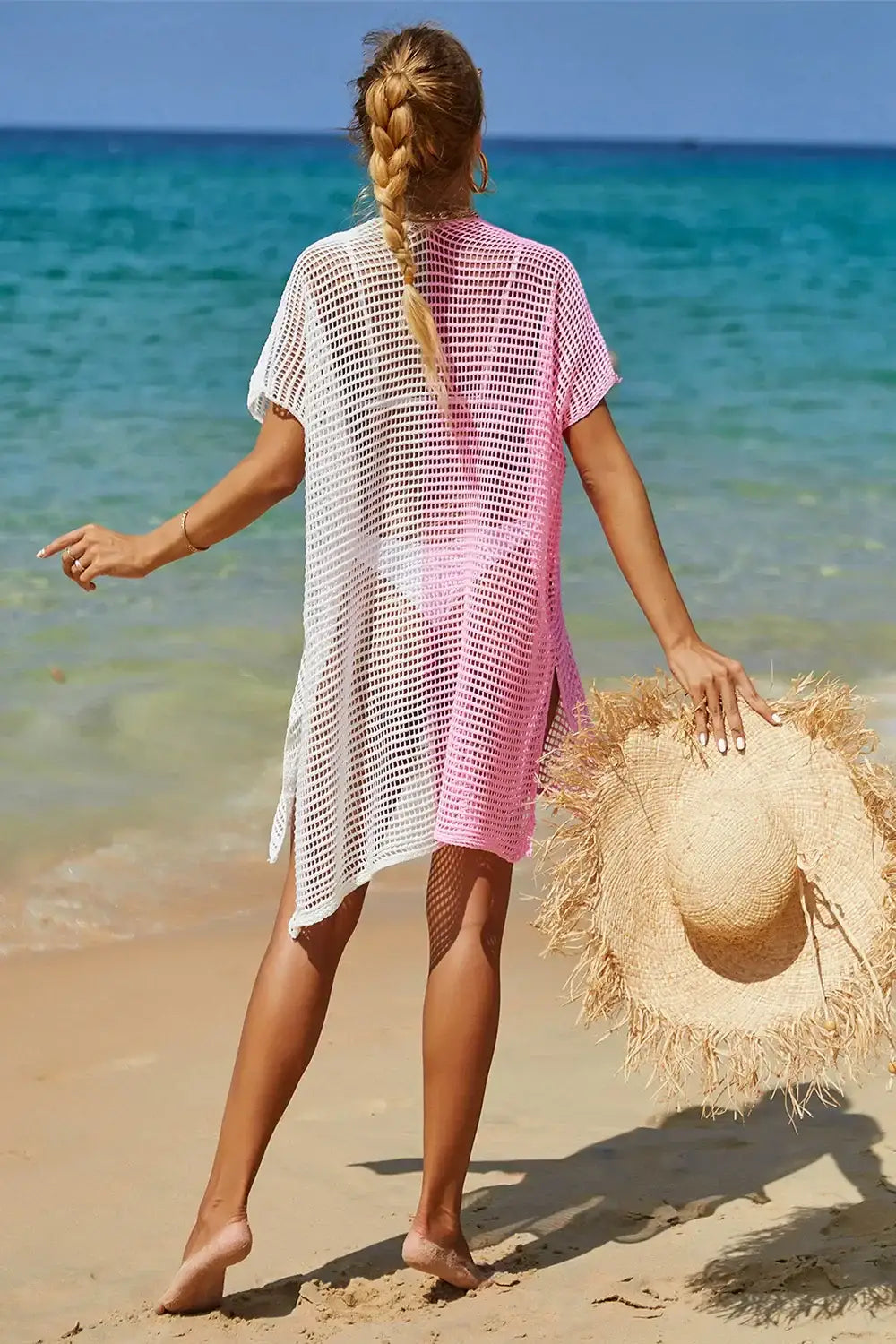White and pink ombre mesh knit beach cover-up with angel wings openwork contrast slit