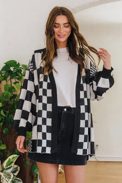 Annie Wear Checkered Open Front Drop Shoulder Cardigan - Black / S