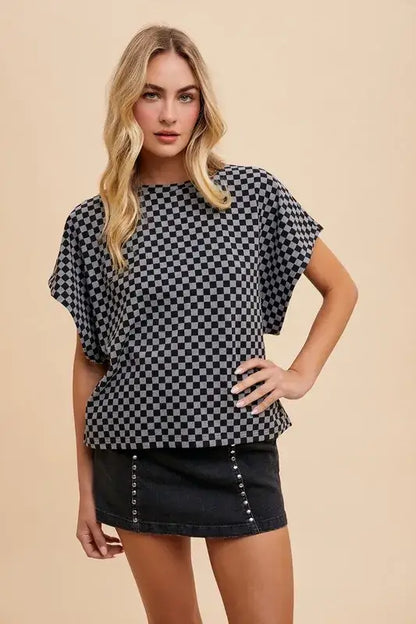 Annie Wear Checkered Round Neck Short Sleeve T-Shirt - Black / S