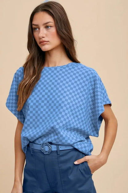 Annie Wear Checkered Round Neck Short Sleeve T-Shirt - Blue / S