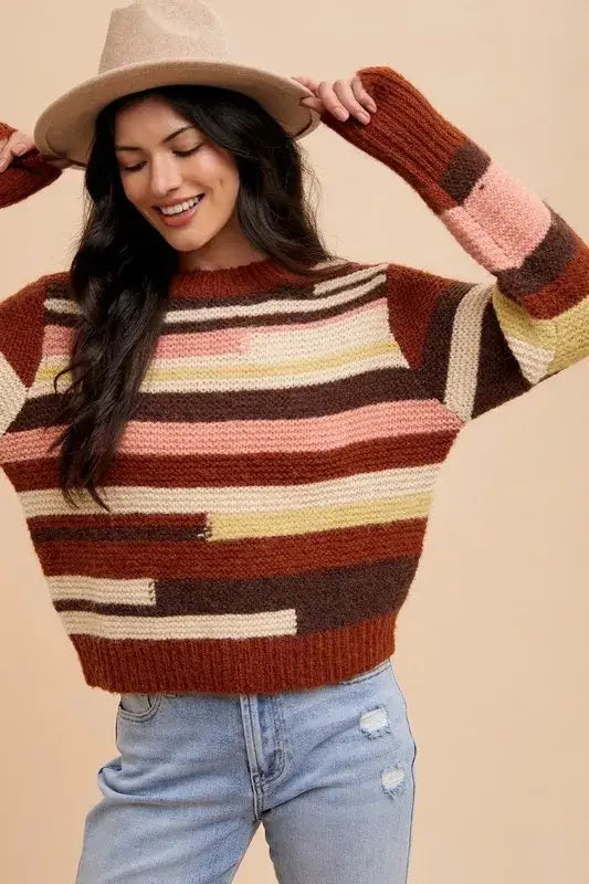 Multicolored striped color block round neck long sleeve knit sweater with patchwork design