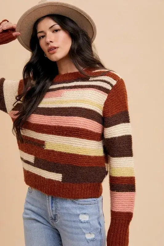 Color block round neck long sleeve sweater with multicolored stripes and ribbed cuffs