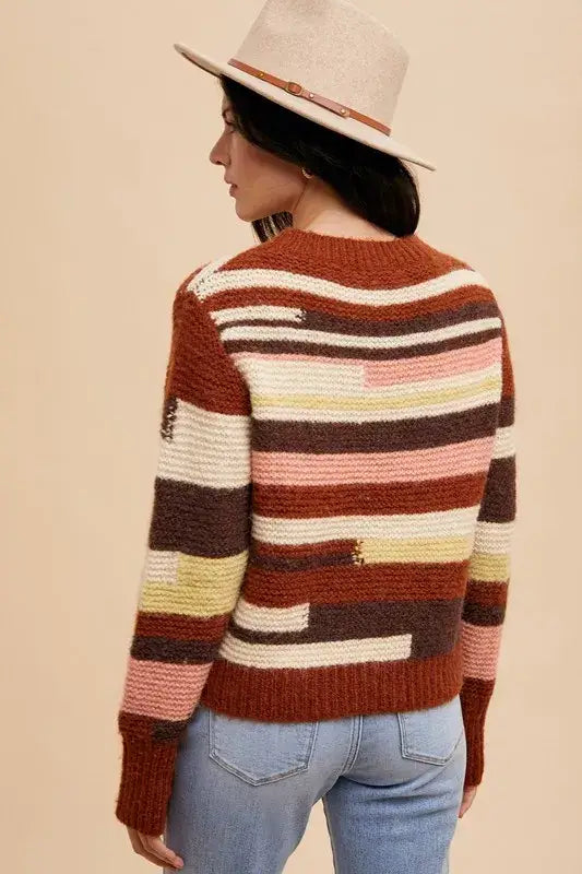 Multicolored striped color block round neck long sleeve sweater with earthy tones