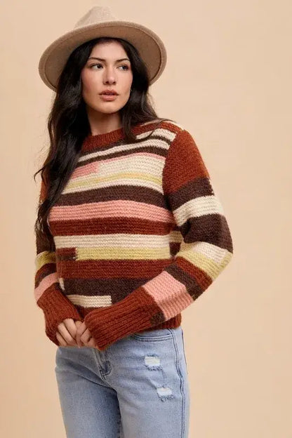 Color block round neck long sleeve sweater with multicolored stripes and ribbed cuffs