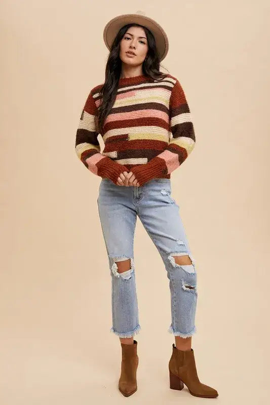 Color block round neck sweater with pink, brown, and white stripes in soft cotton