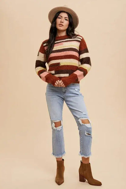 Color block round neck sweater with pink, brown, and white stripes in soft cotton