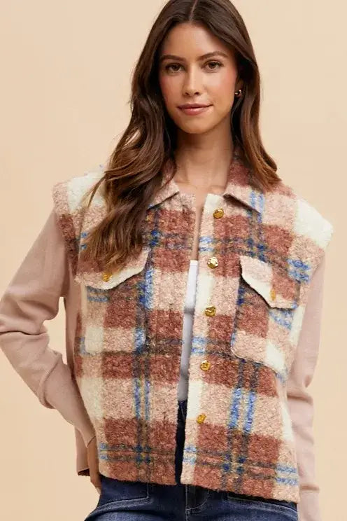 Annie Wear Faux Fur Plaid Button Up Jacket - Brown / S