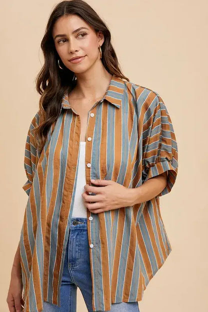 Annie Wear Oversized Drop Shoulder Striped Woven Shirt