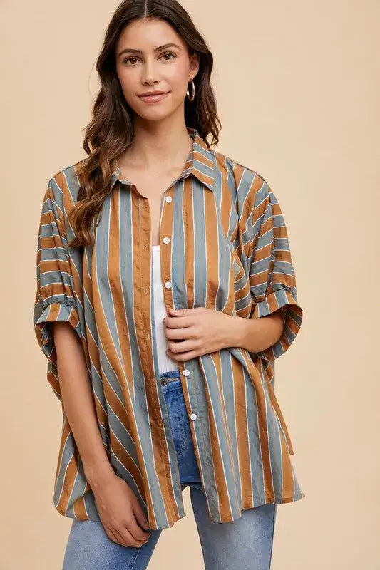 Annie Wear Oversized Drop Shoulder Striped Woven Shirt