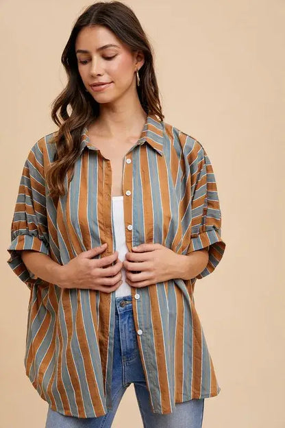 Annie Wear Oversized Drop Shoulder Striped Woven Shirt