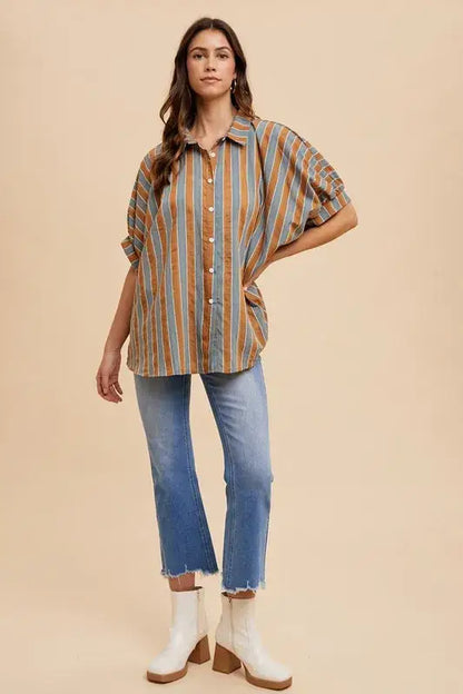 Annie Wear Oversized Drop Shoulder Striped Woven Shirt - CAMEL MULTI / S