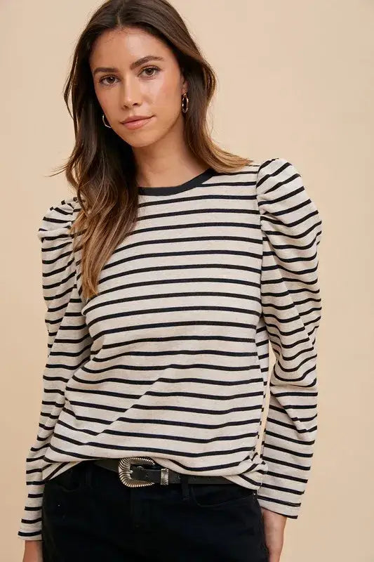 Annie Wear Striped Round Neck Puff Sleeve French Terry Top - Black / S