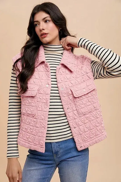 Annie Wear Texture Quilted Snap Down Vest Coat - Blush Pink / S