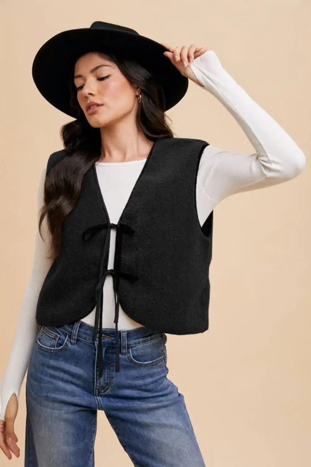 Annie Wear V-Neck Tie Detail Vest Coat - Black / S