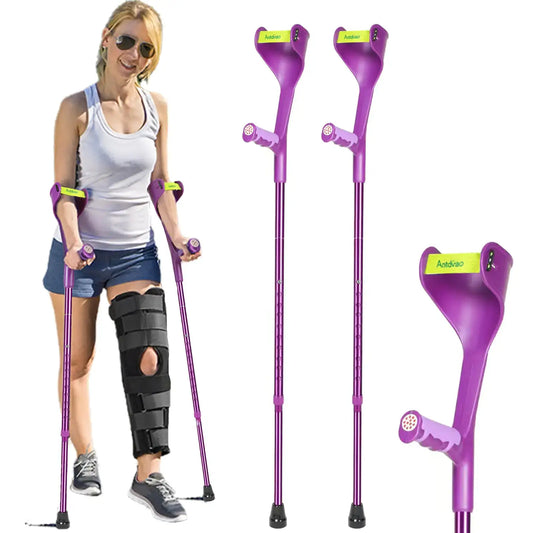 Purple forearm crutches with ergonomic grips and non-slip design for comfortable use