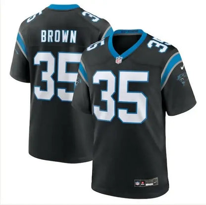 Black Carolina Panthers NFL jersey with number 35 and BROWN on the back