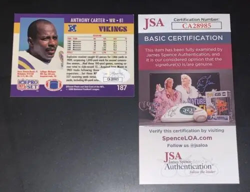 Signed Anthony Carter 1990 Pro Set Minnesota Vikings Football Card with JSA Certification