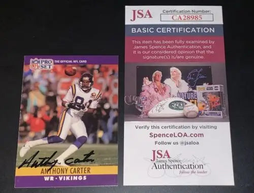 Autographed Anthony Carter 1990 Pro Set Football Card for Minnesota Vikings with JSA认证