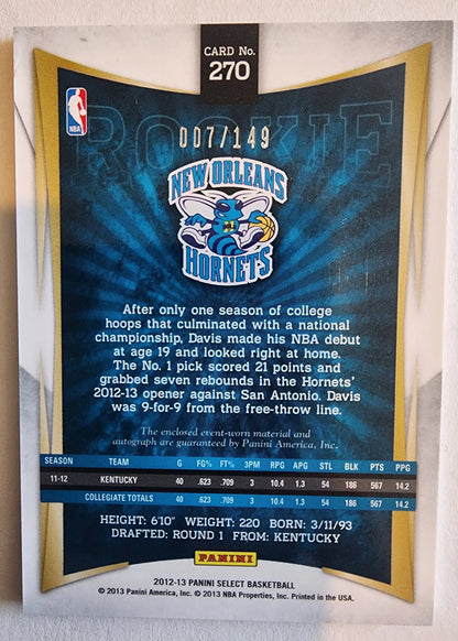 New Orleans Hornets Anthony Davis Panini Select trading card #7/149 blue teal design