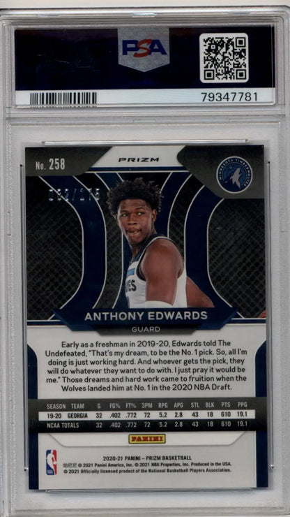 PSA 10 Gem Mint Anthony Edwards 2020-21 Prizm Fast Break Prizm Blue basketball card