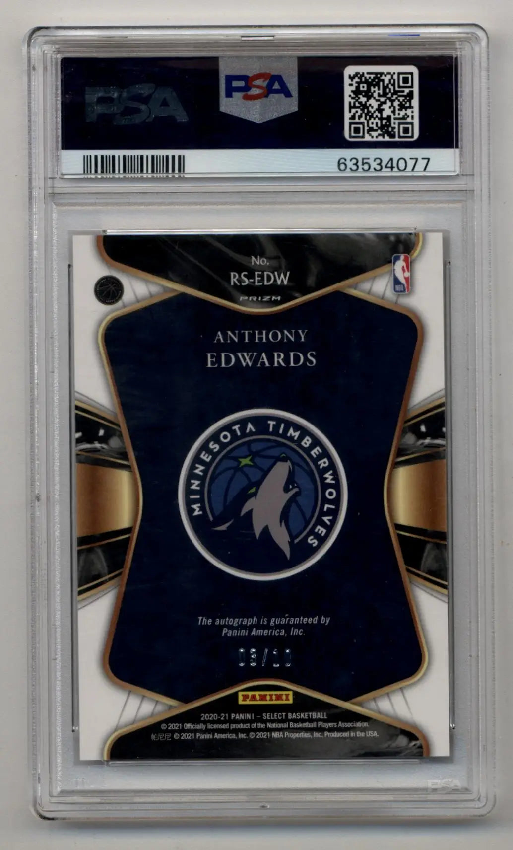 PSA 10 Gem Mint PSA-graded Anthony Edwards Select Rookie Auto Gold Prizm card