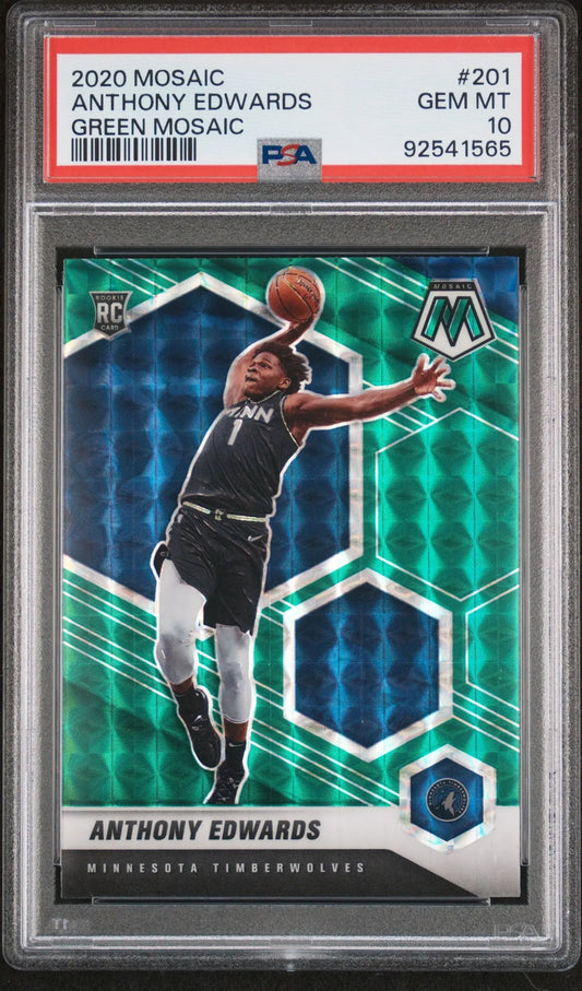 Anthony Edwards 2020 Panini Mosaic Green Mosaic PSA 10 card on geometric background