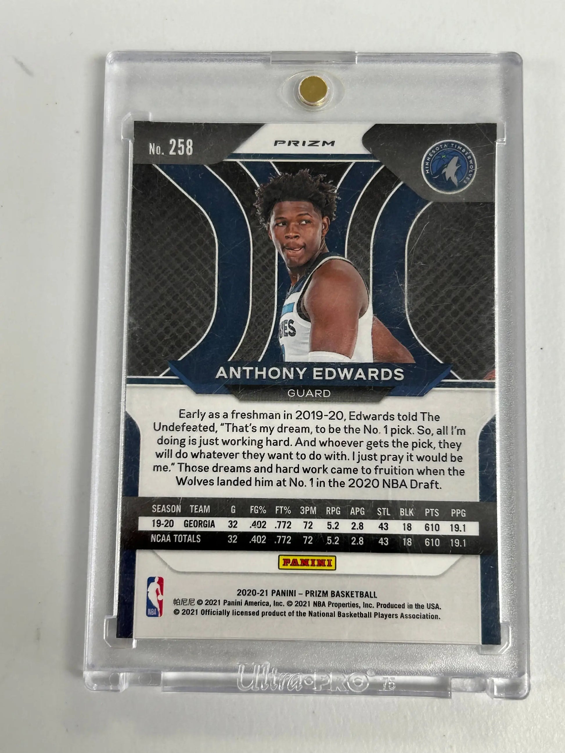 Basketball trading card of Anthony Edwards in white jersey from Panini Prizm Green Prizm