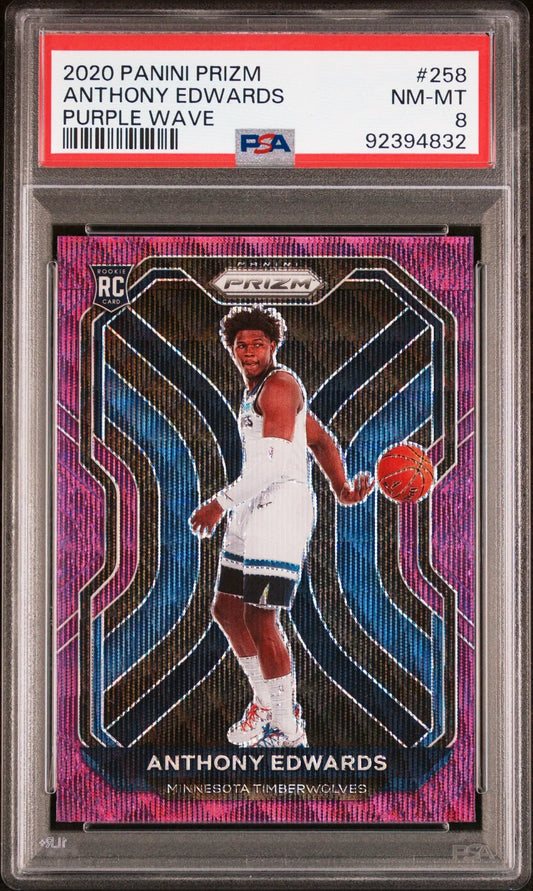 PSA-graded Anthony Edwards 2020 Panini Prizm Purple Wave card on vibrant background