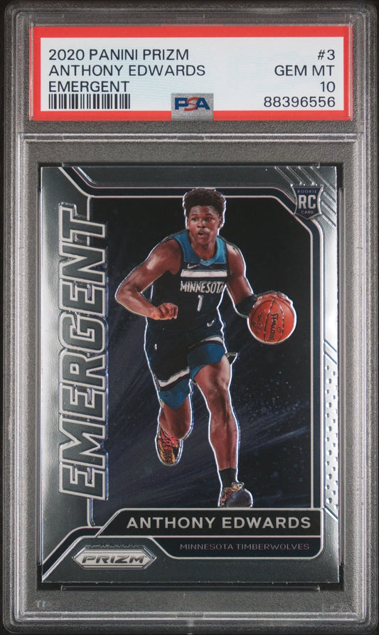 Graded Anthony Edwards rookie card from Panini Prizm Emergent series in PSA 10 Gem Mint