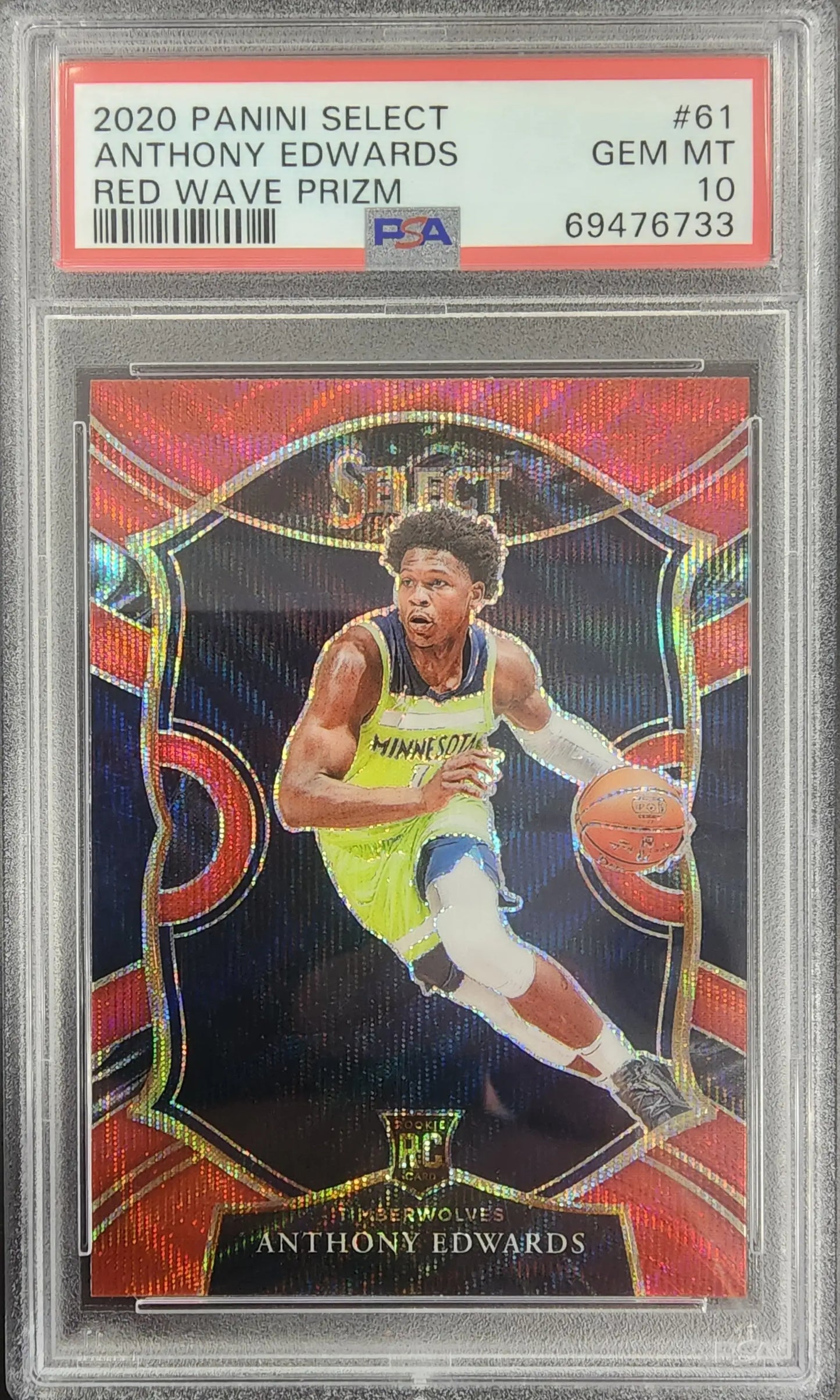 Anthony Edwards 2020 Panini Select Red Wave PSA 10 card with Timberwolves player dribbling