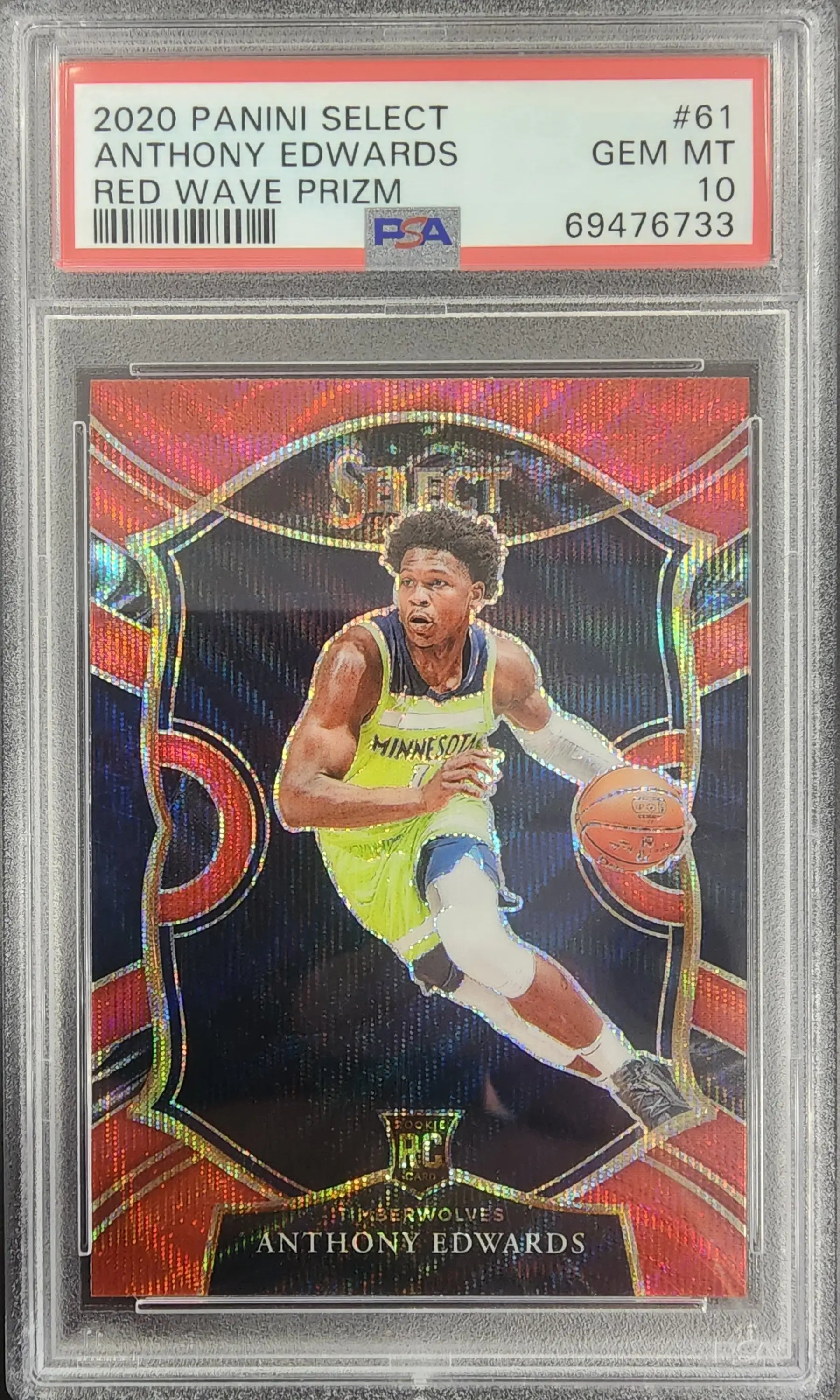 Anthony Edwards 2020 Panini Select Red Wave PSA 10 card with Timberwolves player dribbling