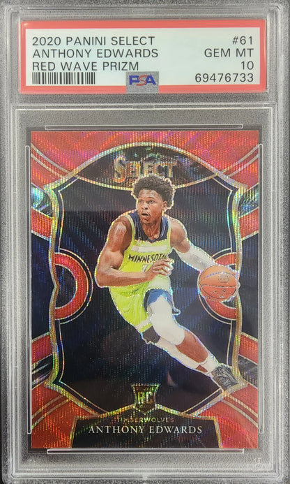 Anthony Edwards 2020 Panini Select Red Wave PSA 10 card with Timberwolves player dribbling