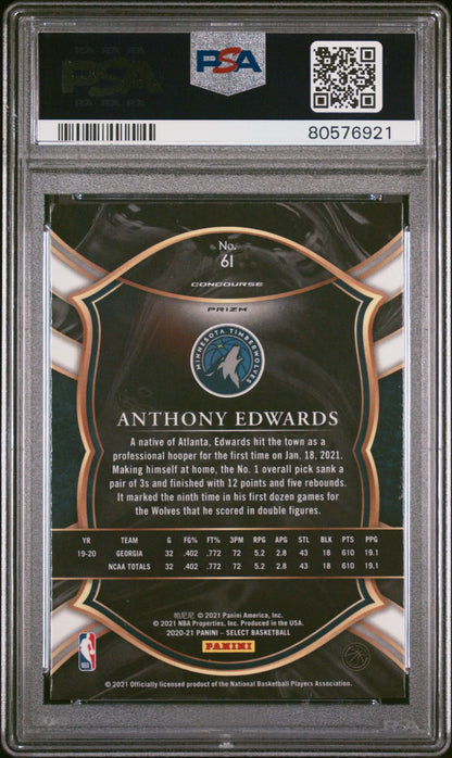 Back side of Anthony Edwards 2020 Panini Select red white green PSA 10 basketball card