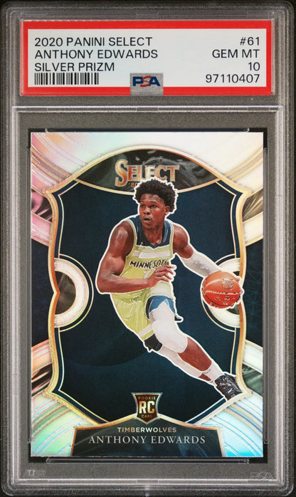 PSA-graded 2020 Panini Select Rookie Silver Prizm card of Anthony Edwards in Timberwolves uniform
