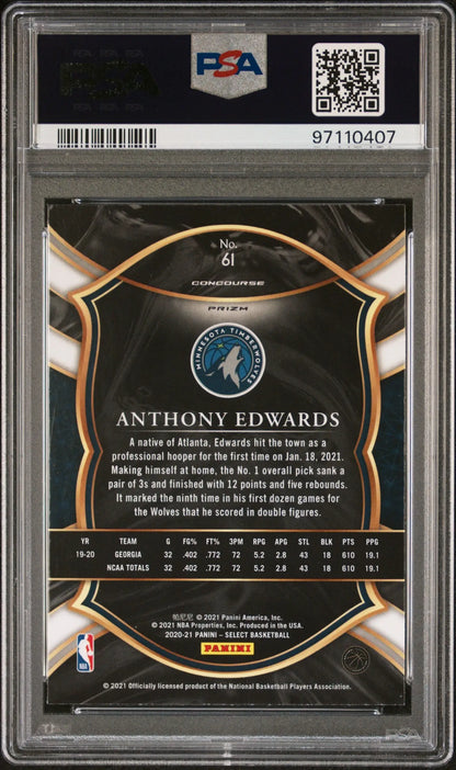 Back side of Anthony Edwards 2020 Panini Select Rookie #61 Silver Prizm PSA 10 card