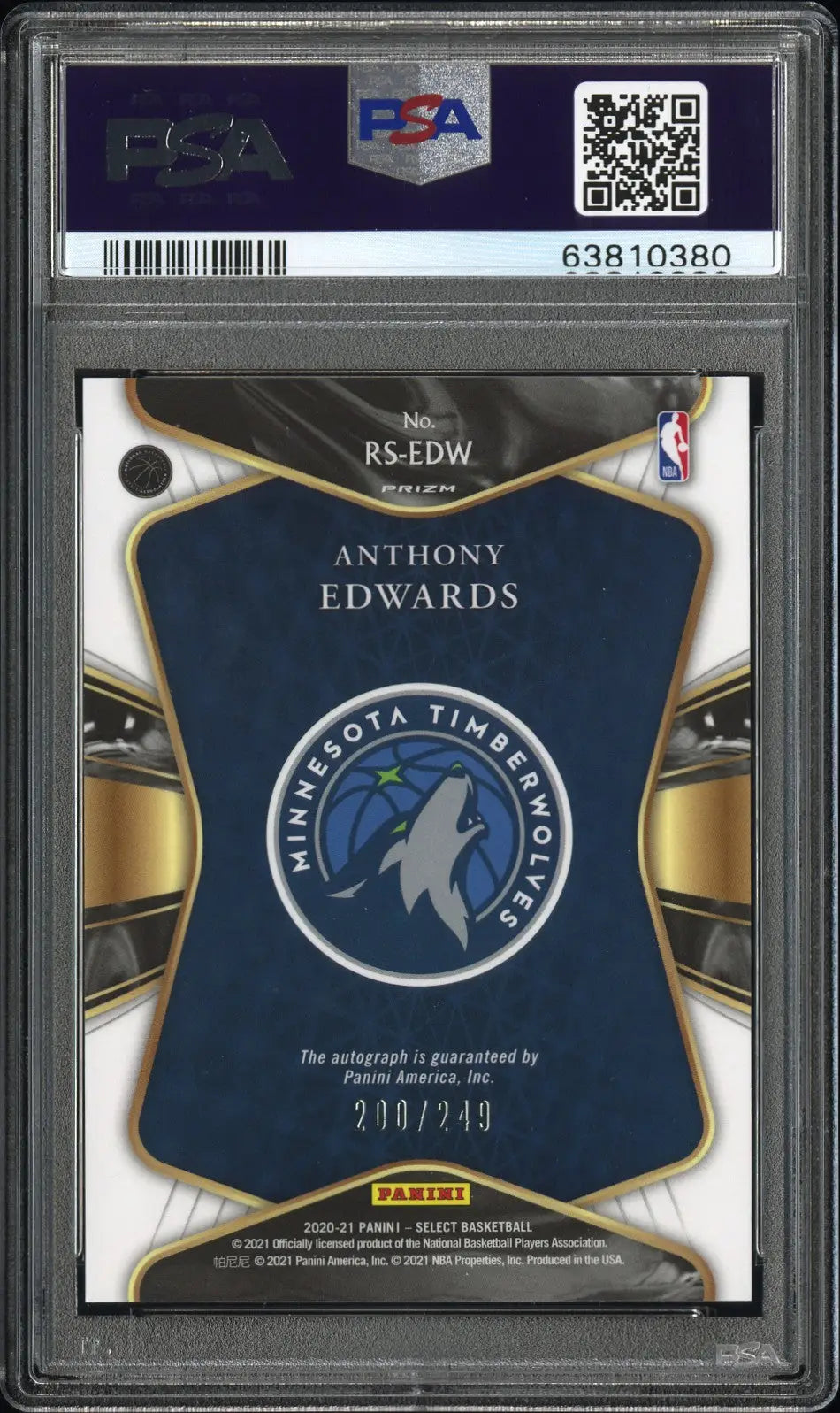 Graded Anthony Edwards NBA trading card Panini Select Rookie Signatures Auto PSA 10