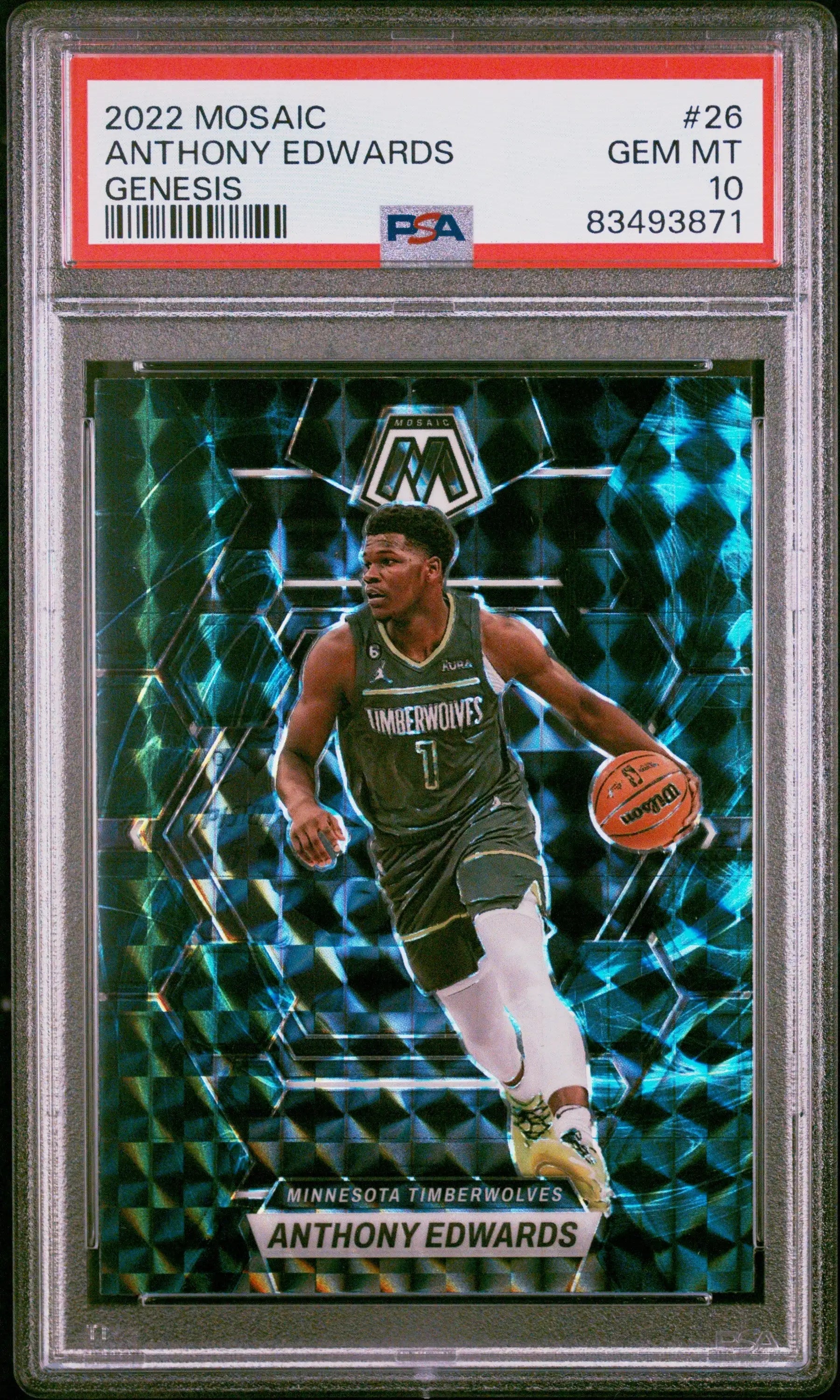A graded 2022 Mosaic Genesis Anthony Edwards basketball card in PSA 10 Gem Mint condition
