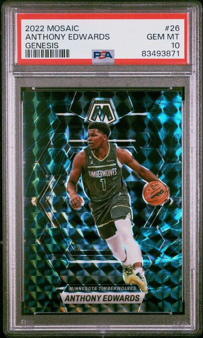 A graded 2022 Mosaic Genesis Anthony Edwards basketball card in PSA 10 Gem Mint condition