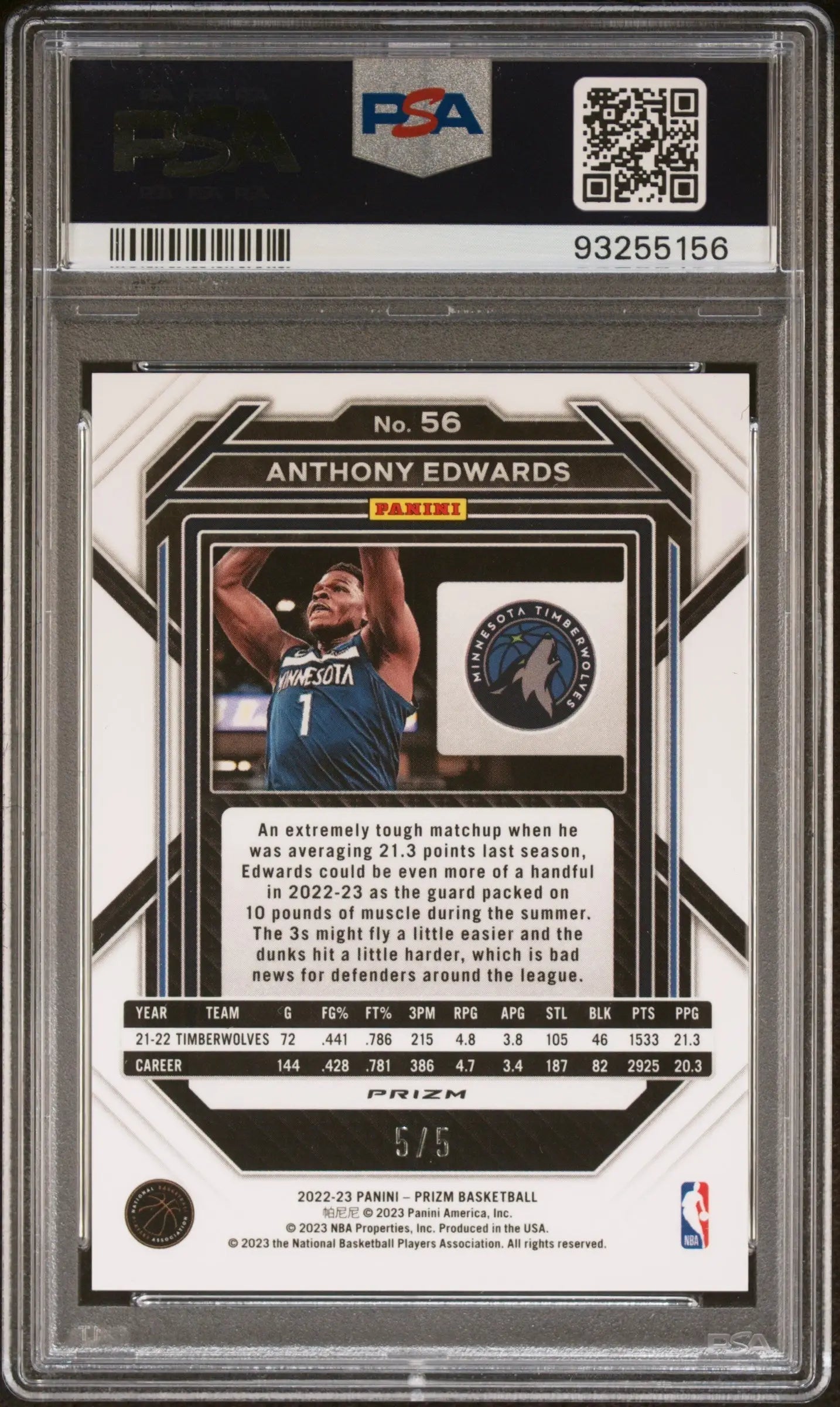 Graded Anthony Edwards Prizm basketball card in neon green fast break style PSA 9