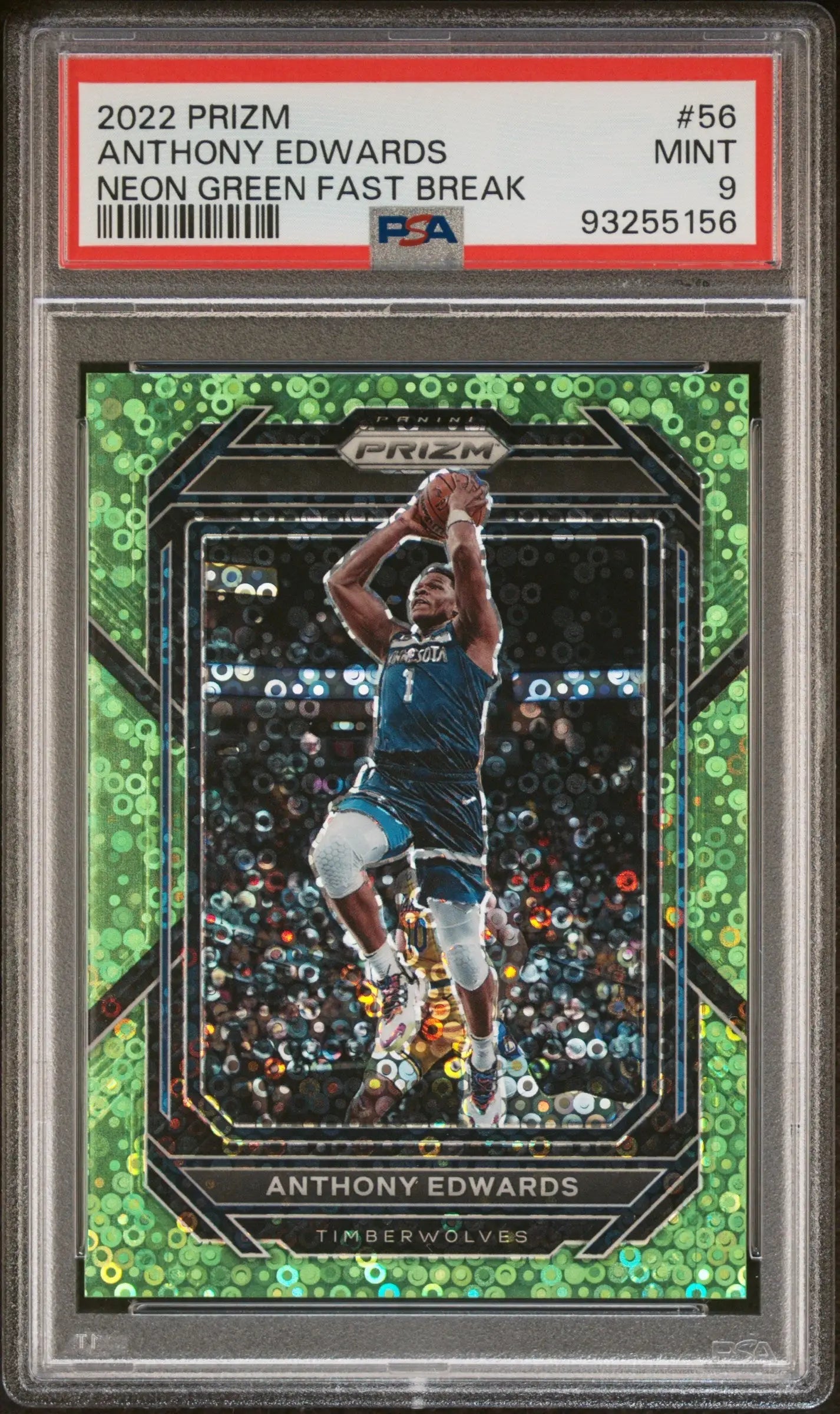 Anthony Edwards 2022 Panini Prizm neon green fast break basketball card, PSA 9 Mint