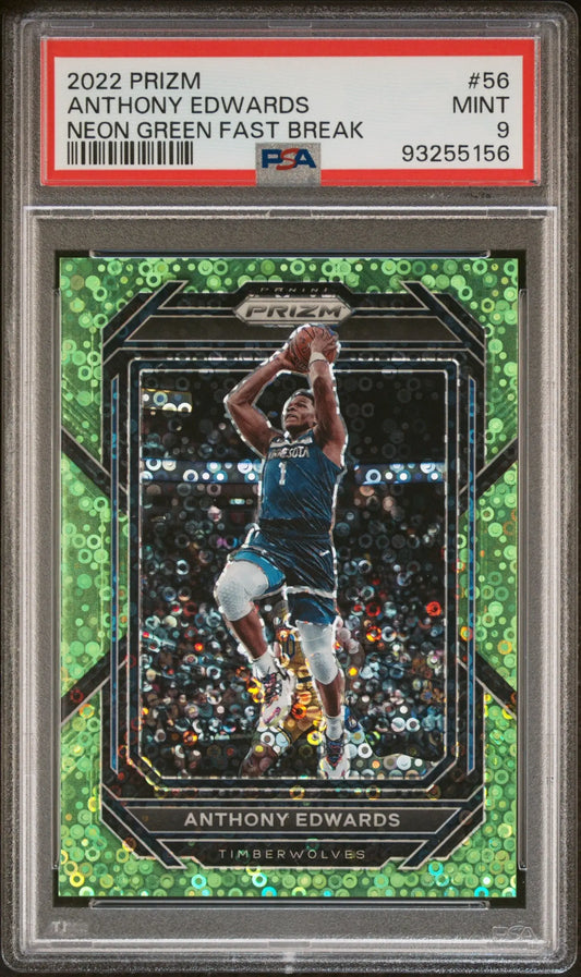 Anthony Edwards 2022 Panini Prizm neon green fast break basketball card, PSA 9 Mint