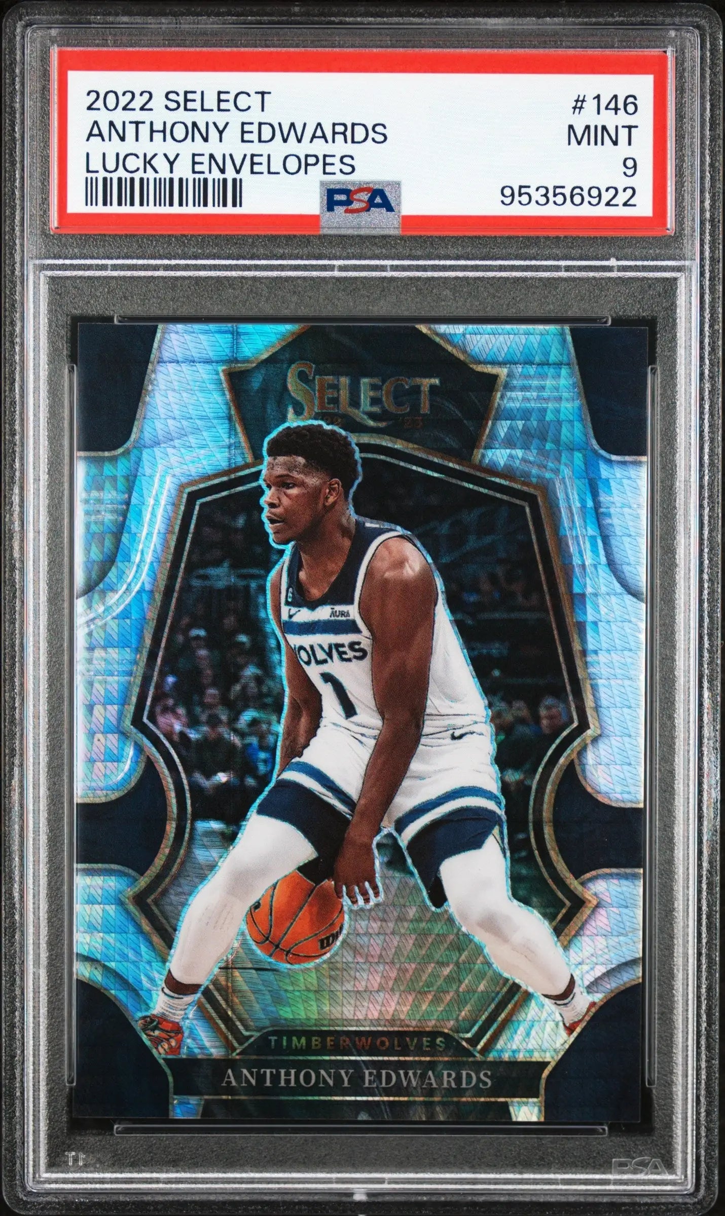 PSA-graded Anthony Edwards 2022 Panini Select card against a blue geometric background