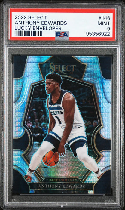 PSA-graded Anthony Edwards 2022 Panini Select card against a blue geometric background